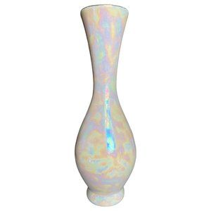 Vtg BUD VASE White Iridescent Shimmer Glossy Glaze Handcrafted Signed 9.75" Tall
